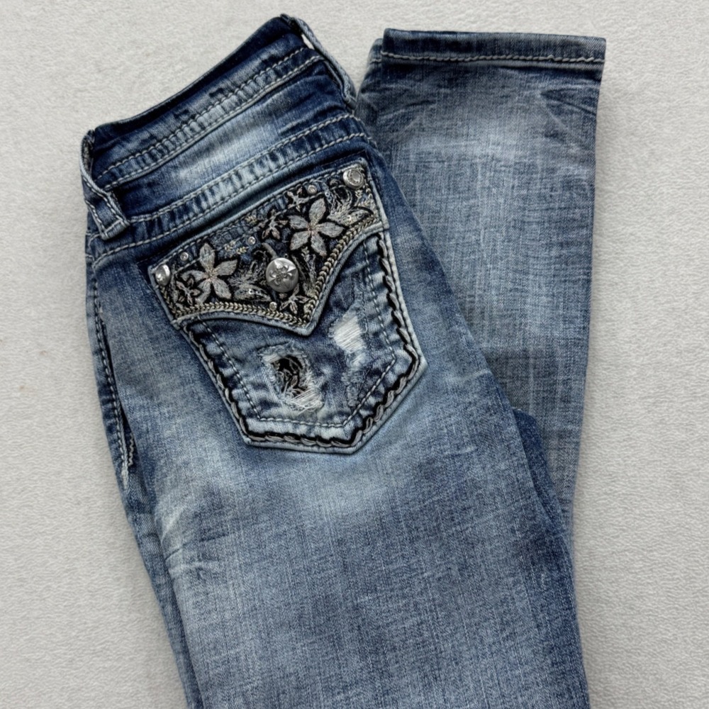 Miss Me Ankle Skinny Jeans Women 25 Blue Low Rise Embellished Floral Western